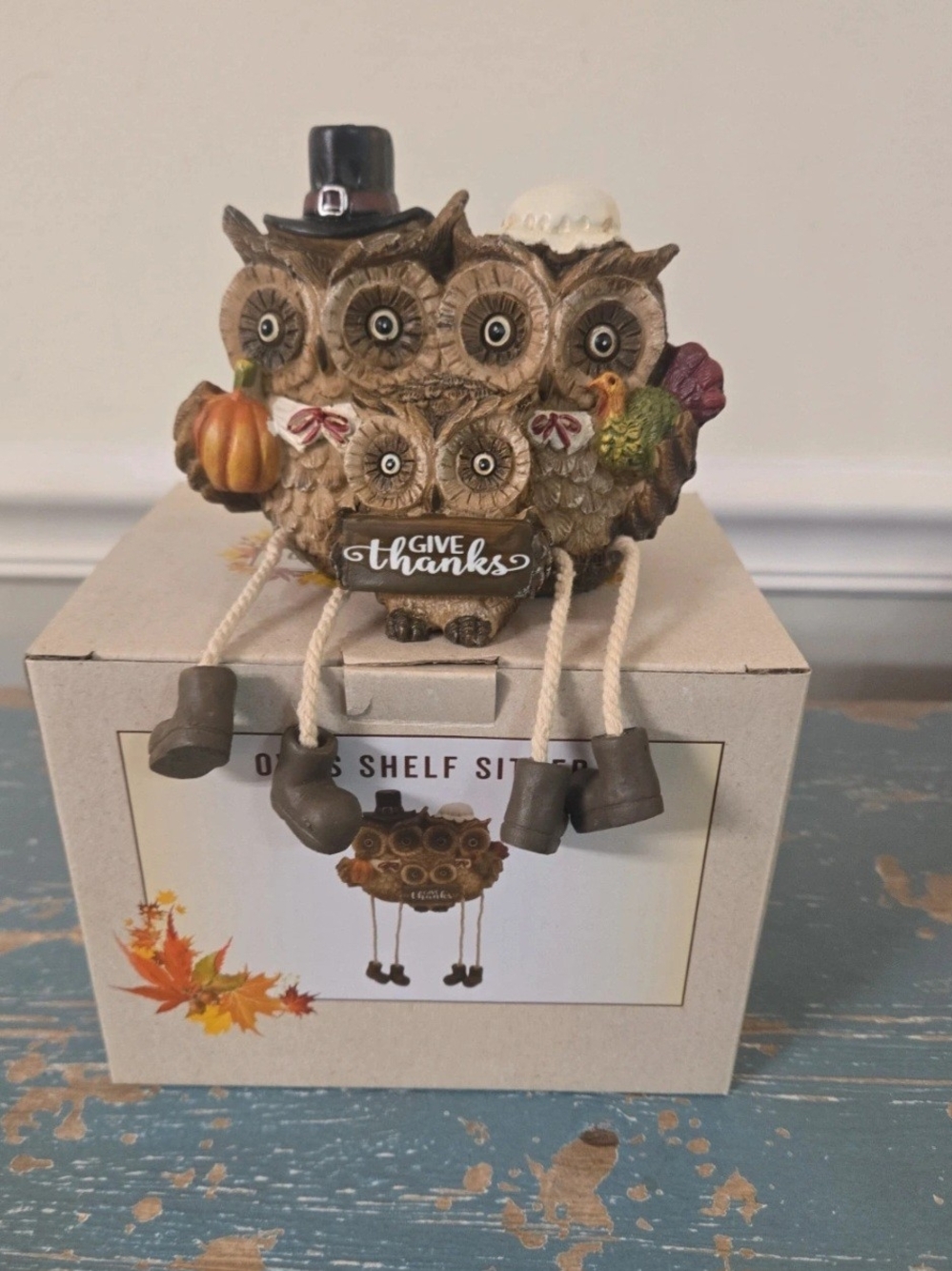 NIB Cracker Barrel Fall Owl Shelf Sitter in Brown, Black, Orange, Cream